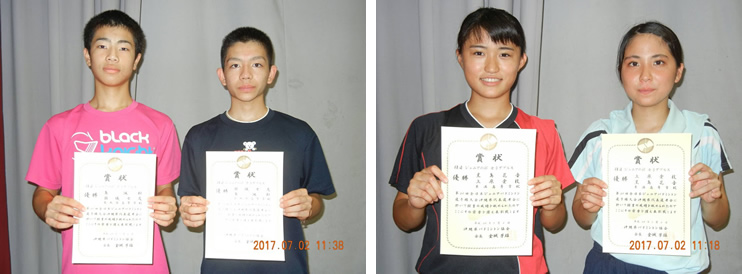 ジュニアの部 ダブルス優勝:島颯杜・與儀七友(男子)、上原愛枝・黒島花音(女子)