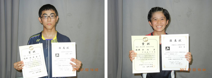 ジュニア新人の部 シングルス優勝:稲嶺盛斗(男子)、新垣愛(女子)